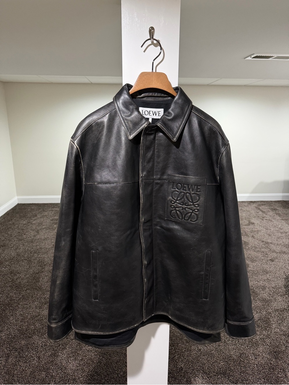 Loewe SS24 Black Aged Calfskin Leather Anagram Logo Jacket